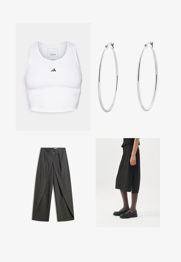 Weißes sportliches Crop-Top aus leichtem, atmungsaktivem Material. Mit Mesh-Seitenpanelen und schwarzem, gesticktem Logo auf der Brust.; Graue Nadelstreifenhose mit lockerer Passform, einreihigem Knopfverschluss, Falten und weitem Bein. ; Schwarzer knielanger Rock mit seitlichem Schlitz, kombiniert mit schwarzen Loafers und transparenten braunen Strumpfhosen, aus glattem Stoff und mit einem schlichten Design.; Silberne Creolen mit einer glatten, polierten Oberfläche und einer dünnen, runden Form. Das Design verfügt über einen sicheren Verschluss.