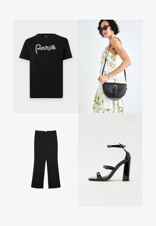Schwarzes Baumwoll-T-Shirt mit einem funkelnden "Paris"-Motiv aus Strass, runder Ausschnitt und kurzen Ärmeln. Glatte Textur, lässiges Design.; Schwarze Hose mit geradem Schnitt, ausgestattet mit Fronttaschen und Seitenschlitzen am Saum. Hergestellt aus weichem, glattem Stoff. Geeignet für verschiedene Anlässe.; Schwarze patentierte Sandalen mit Absatz, quadratischer Spitze, Knöchelriemen und silbernen Schnallen. Mit einem stabilen Blockabsatz für mehr Stabilität.; Schwarze Lederhandtasche mit geschwungener Form, abnehmbarem Tragegurt und goldenen Beschlägen. Die Tasche verfügt über einen Deckel mit einer Schnallen-Details.