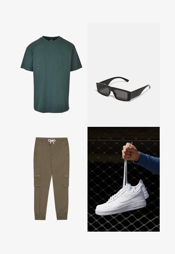 Temno zeleni bombažni T-majica s krojaškim ovratnikom, kratkimi rokavi in ravnim robom. Mehka tekstura, prostoren kroj in enostaven dizajn.; Khaki cargo hlače z elastičnim pasom in vrvico, z stranskimi žepi in manšetami na gležnjih. Narejene so iz teksturiranega, lahkega materiala.; Bela usnjena športna obutev s perforacijami, okroglo konico, ravnim podplatom in debelimi vezalkami, z vidnim logotipom smoosh in napisom "AIR" na peti.; Črne sončna očala s pravokotnimi okvirji in temnimi lečami. Narejena so iz sijoče plastike, s kotno zasnovo in ozkimi štempaji.