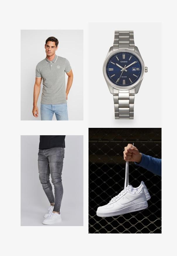 Hallikas polo särk valgete aktsentidega, lühikeste varrukatega ja väikese logo trükiga rinnal. Valmistatud tekstureeritud kangast, millel on krae ja nupud.; Kitsad teksad tuhmhall denimil, millel on kulunud detailid põlvedes, koos valgete tossudega. Sile tekstuur, kitsas lõige.; Valged nahast tennisetossud, millel on perforatsioonid, ümar nina, lame tallus ja paksud nöörid, nähtava swooshi logoga ja "AIR" kontsadel.; Hõbedane roostevabast terasest käekell, tumesinise lõpliku, metallsete tuntud numbrite ja kuupäevanäidikuga kell 3 juures. Veekindel kuni 50 meetrit.