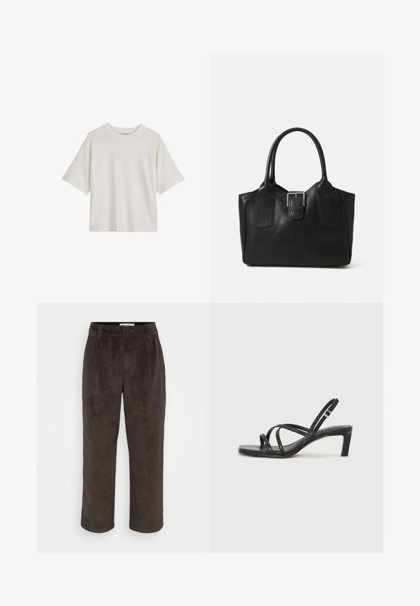 Bela bombažna majica z okroglim izrezom, kratkimi rokavi in sproščenim krojem. Gladka tekstura in preprost dizajn, brez vidnih vzorcev ali okraskov.; Rjave kordurojske hlače s ravnim krojem, subtilno teksturo ter sprednjim gumbom in stranskimi žepi.; Črne natikače s trakovi in kvadratnim prstom ter nizkim blokastim peto. Imajo več tankih trakov in nastavljiv trak okoli gležnja. Narejene so iz gladkega usnja.; Črna usnjena torba s gladko teksturo, strukturirano obliko, dvema ročkama in izrazitim srebrnim sponko na sprednji strani.
