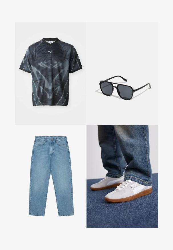 Juoda ir pilka sportinė marškinėliai trumpomis rankovėmis, su primenančiu tribus raštu ir mažu baltu Puma logotipu priekinėje pusėje.; Šviesiai mėlyni džinsai su plačiomis kojomis ir aukštu liemeniu, turintys penkias kišenes, diržo kilpas ir švelnų, šiek tiek išblukusį tekstūrą.; Puma PALERMO UNISEX - Sportbačiai - white/cool light gray/gold; Juodos akiniai nuo saulės su aštuonkampiu rėmeliu, tamsiais objektyvais, blizgiu paviršiumi, plonomis šakutėmis ir auksinėmis akcentais priekyje.
