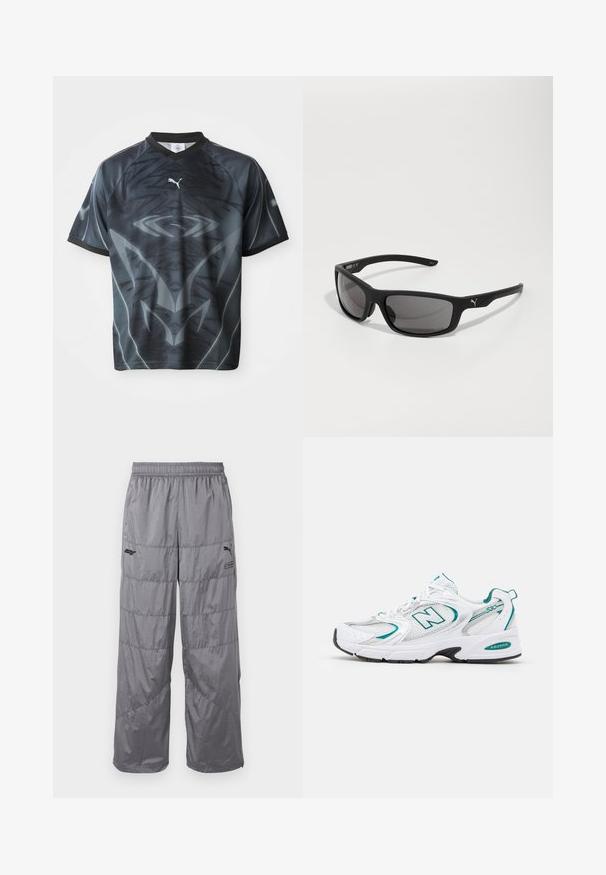 Kortslepet svart og grått sportsgenser med et tribal-lignende mønster og en liten hvit Puma-logo på forsiden.; Grå puffbukser med elastisk midje, med quiltede designlinjer og en liten svart logo på venstre lår. Lett materiale.; Hvit treningsko med mesh- og syntetiske paneler, turkise aksenter, rund tå, snøring foran og svart gummisåle.; Svart solbriller med matte finish, rektangulære linser og en fremtredende logo på tempellet. Polari sertifikater, UV-beskyttelse.