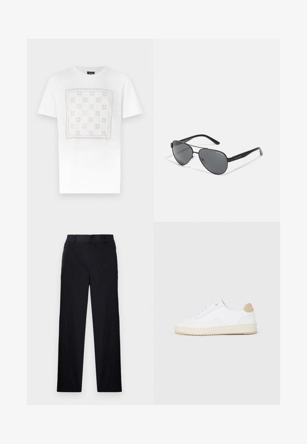 T-shirt de algodão branca com um padrão quadrado grande e subtil em bege claro, com formas arredondadas e detalhes, finalizada com um decote redondo.; Calças pretas com um tecido leve e texturizado, design de pernas retas, cintura elástica e bolsos laterais com fecho.; Sapatilhas brancas de cano baixo com parte superior em couro texturizado, sola cream estriada e detalhe em tan no calcanhar. Apresenta atacadores brancos e detalhe do logótipo no calcanhar.; Óculos de sol aviador pretos com lentes escuras, armação fina em metal e hastes elegantes em plástico com detalhes de logótipo.