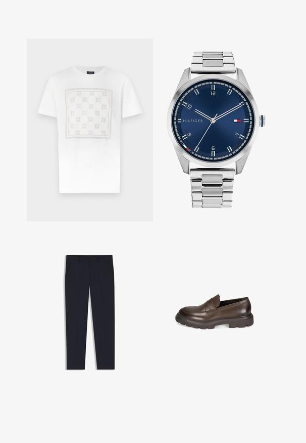 Witte katoenen T-shirt met een groot, subtiel vierkant patroon in licht beige, voorzien van afgeronde vormen en accenten, afgewerkt met een ronde hals.; Marineblauwe broek met een getailleerde pasvorm, voorzien van twee voorkruiden, een vlakke voorkant en een gladde textuur. Geen zichtbare patronen of versieringen.; Desa Instappers - brown; Zilveren metalen horloge met een geborstelde blauwe wijzerplaat, witte uurmarkeringen en een datumweergave. Voorzien van een geschakelde metalen band en het logo van het merk.
