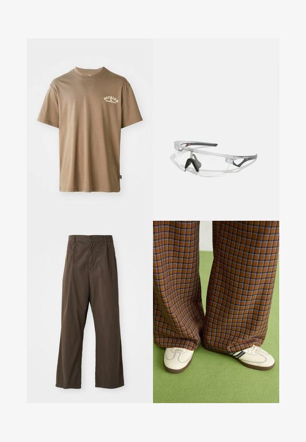 Ruda medvilnė marškinėliai su apvalia iškirpte, trumpomis rankovėmis ir balta logo, kuri skelbia "Dickies Workwear", kairėje krūtinės pusėje.; Rudi, plačios kojos kelnės, pagamintos iš medvilnės, su priekiniais mygtukais, diržo kilpomis ir lygiu, matinio paviršiaus tekstūra.; Rudos ir mėlynos langelinės plačios kelnės, derinamos su baltais batais su juodais akcentais ir tekstūruotais padais, prieš žalią foną.; Skaidrūs saugos akiniai su lengvu, skaidriu rėmeliu ir pilkiais akcentais. Yra apvalinimo dizainas ir reguliuojama nosies atrama.