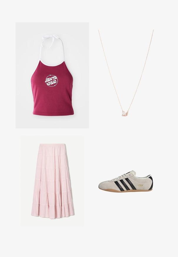 Maroon halter crop top with white trim, featuring a circular logo with "Santa Cruz" in white, made of a ribbed cotton material.; Light pink, tiered maxi skirt made of a textured, lightweight fabric. Elastic waistband and flowing hem with ruffled accents.; Suede sneaker with a gray upper, black stripes, and a gum rubber sole. Features a lace-up closure and a gold logo detail on the side.; Rose gold necklace with a swan pendant, embellished with clear crystals. The chain features a delicate link design.
