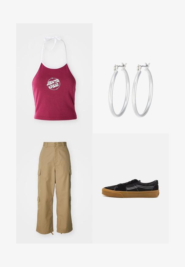 Top corto halter burdeos con ribete blanco, que presenta un logo circular con "Santa Cruz" en blanco, hecho de un material de algodón acanalado.; Pantalones cargo beige con cintura alta, piernas amplias y cuatro grandes bolsillos laterales. Fabricados con un tejido duradero y una textura suave, con un detalle mínimo.; Zapatillas de ante negro con costuras blancas y franja lateral distintiva, que presentan una suela de goma marrón y un diseño de corte bajo. Atadas con cordones negros.; Pendientes de aro de plata con un acabado liso y pulido. Forma redonda y cierre de click seguro. Diseño ligero adecuado para el uso diario.