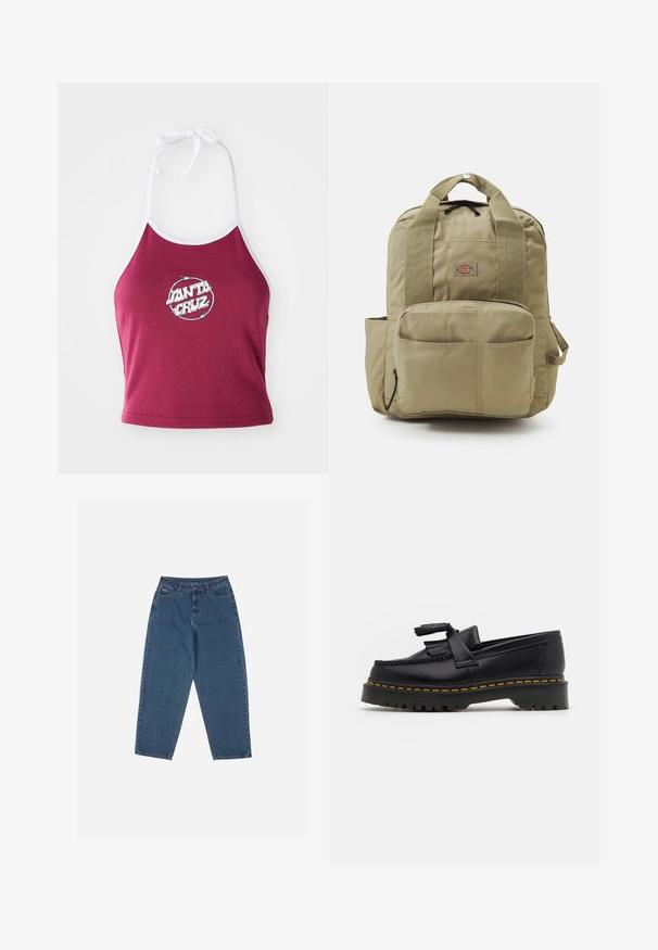 Bordeaux halter crop top met witte rand, met een cirkelvormig logo waarop "Santa Cruz" in het wit staat, gemaakt van ribbel katoen.; Blauwe denim jeans met een ontspannen pasvorm, hoge taille, vijf-pocket ontwerp en stikselaccenten. Voorzien van een knoop- en ritssluiting.; Zwarte leren loafers met een franjesaccent, voorzien van een dikke zwarte zool en gele stiksels langs de rand. Gevoelige afwerking.; Khaki rugzak met gevoerde straps, voorvak en een rond logo. Gemaakt van duurzaam materiaal, met een overheadhandvat en zijvak.