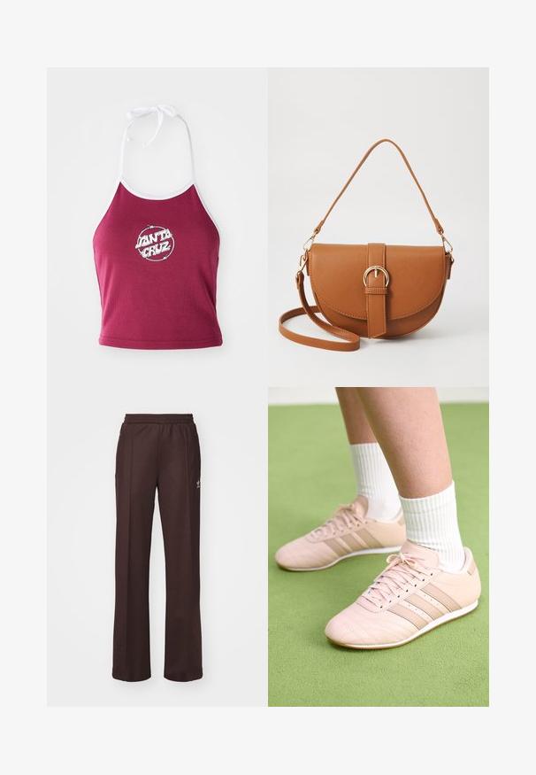 Bordó halter crop top s bílým lemem, s kulatým logem se nápisem "Santa Cruz" v bílé barvě, vyrobený z žebrované bavlny.; Hnědé sportovní kalhoty s elastickým pasem, dvěma postranními kapsami a malým logem na levé straně, vyrobené z měkké tkaniny.; Svetle růžové sportovní boty s diagonálním švem, bílou podrážkou a třemi bočními pruhy. Nosené s bílými žebrovanými ponožkami na zeleném povrchu.; Hnědá kožená křížová taška s zakřiveným tvarem, zlatými detaily a akcentem s přezkou. Obsahuje odnímatelný popruh na rameno.