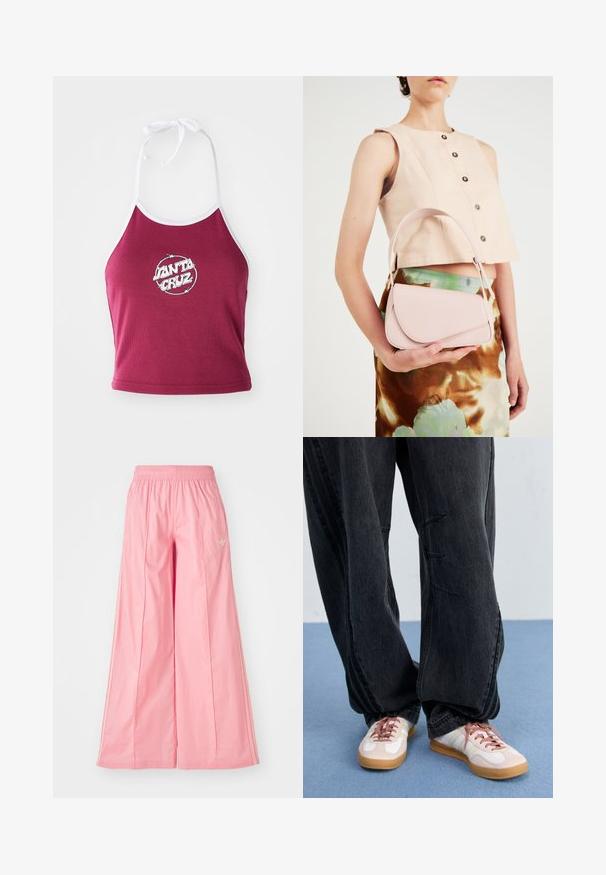 Bordeaux halter crop top met witte rand, met een cirkelvormig logo waarop "Santa Cruz" in het wit staat, gemaakt van ribbel katoen.; Roze wijde broeken gemaakt van lichtgewicht stof, met een elastische tailleband en subtiele witte streepjes aan de zijkanten. Klein logo aan de voorkant.; Zwarte baggy denimbroek met stiksels aan de voorkant, gecombineerd met witte en blush sneakers met een gumkleurige zool en roze veters.; Roze leren handtas met een gebogen klep, één schouderband en strakke lijnen. De tas vertoont een gladde textuur en een minimalistisch ontwerp.