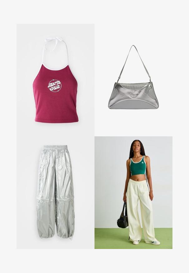 Bordo halter tipo crop top su baltais apvadais, su apvaliu logotipu, kuriame užrašyta "Santa Cruz" balta spalva, pagamintas iš įribbto medvilnės medžiagos.; Sidabriniai lengvi krovinių džinsai su blizgia tekstūra, elastine juosta, surinktais rankogaliais ir dviem didelėmis priekinėmis kišenėmis.; Žalios spalvos trumpa rankovė su balta apdaila, derinama su plačiomis smėlio spalvos kelnėmis. Modelis laiko mažą juodą rankinę. Paprasti sportiniai bateliai.; Sidabrinė metalinė rankinė su šiuolaikišku, struktūrizuotu dizainu, turinti tekstūruotą paviršių, peties diržą ir reliefinį logotipo akcentą.