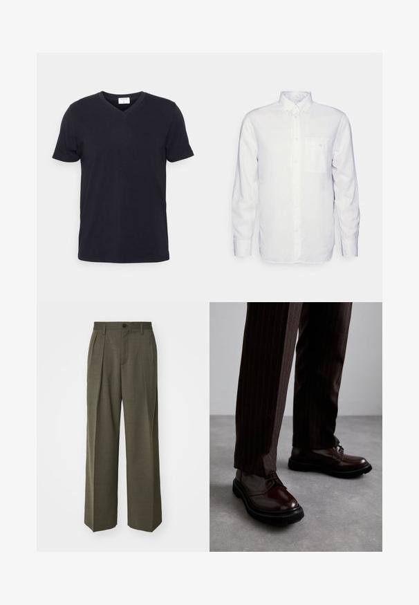 Črna majica s kratkimi rokavi in V-izrezom, izdelana iz bombaža, s prostim krojem. Preprost dizajn, brez vzorcev ali dodatnih detajlov.; Bela srajca z dolgimi rokavi iz bombaža, z znižanimi ovratnikom, sprednjim žepom in običajnim krojem. Teksturirana tkanina s gladko površino.; Filippa K WIDE TROUSERS - Hlače - driftwood; Bordeaux usnjeni čevlji na vezanje z leskom, črnim gumijastim podplatom in diskretno šivanjem. Nosi se z rjavo prugastimi hlačami.
