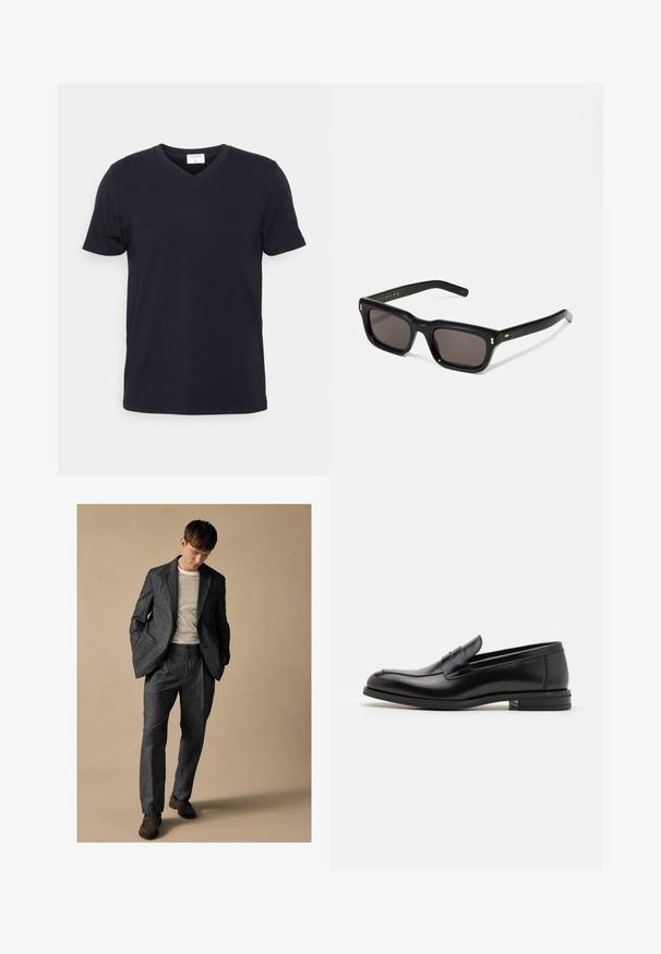 Černé tričko s výstřihem do V vyrobené z bavlny, s krátkými rukávy a volným střihem. Jednoduchý design, bez vzorů či dalších akcentů.; Šedý oblek na míru s klopami a předními kapsami, spárovaný se pruhovanou košilí. Kalhoty mají uvolněný střih a záhyb. Hnědé boty.; Černé kožené polobotky s hladkou texturou, zaoblenou špičkou a zdobným páskem přes nárt. Nízký stohovaný podpatek, minimalistický design.; Černé obdélníkové sluneční brýle s tmavými skly, silným plastovým rámem, zlatými akcenty na spáncích a vyrytým logem značky na nožičce.