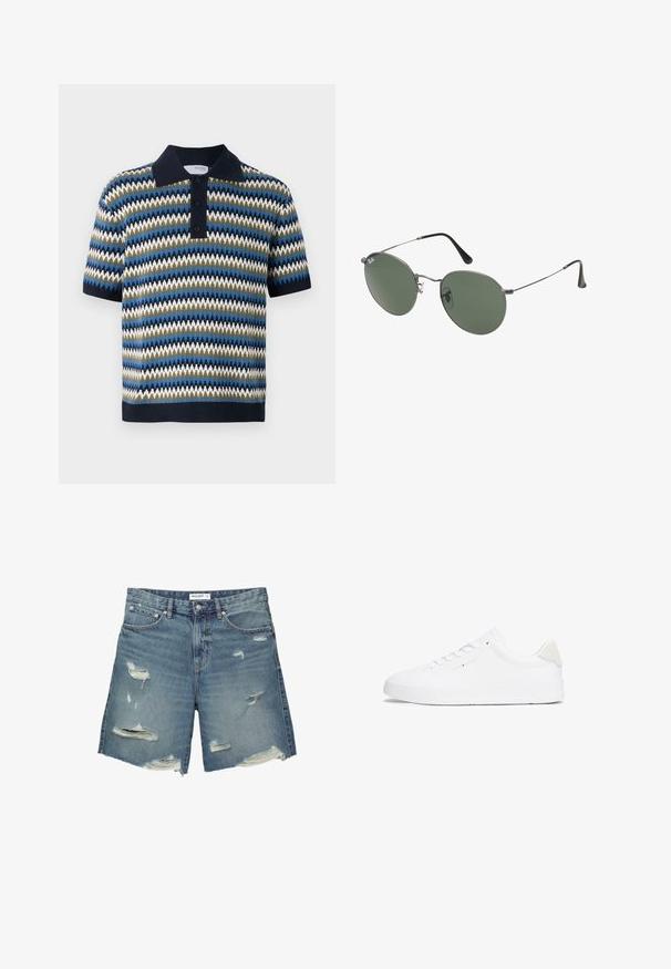 Kurzärmliges Polo-Shirt mit einem Zickzackmuster in Blau, Grün und Weiß. Verfügt über einen Marinekragen und eine Knopfleiste mit drei Knöpfen. Stricktextur.; Denim-Shorts in Hellblau mit abgeschnittenen Stellen. Sie verfügen über einen Standardbund, sind etwa knielang und haben einen ausgefransten Saum.; Weiße Sneaker mit einem Obermaterial aus glattem Leder, runder Zehenpartie, flacher Sohle und minimalistischem Design. Verfügt über dezentes Branding und einen beigen Akzent an der Ferse.; Metallgestellte Sonnenbrille mit ovalen grünen Gläsern. Dünner silberner Metallrahmen und schwarze Ohrstücke. Minimalistisches Design, keine sichtbaren Logos.