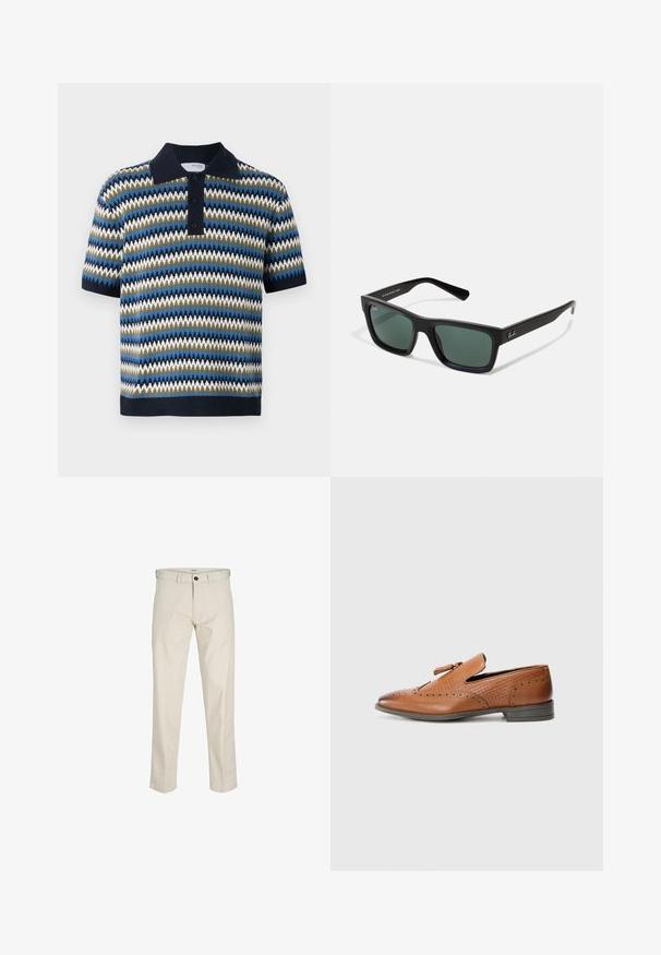 Polo tričko s krátkým rukávem se zigzagovým vzorem v modré, zelené a bílé barvě. Obsahuje námořnický límec a tříknoflíkovou légu. Pletená textura.; Béžové bavlněné kalhoty s rovnými nohavicemi, s knoflíkovým zapínáním, předními kapsami a šitými švy. Hladká textura, minimalismus v detailech a bez vzorů.; Hnědé kožené boty s perforovaným detailem, texturovanými stranami, plochou podrážkou a ozdobnou mašlí na svršku. Klasický design s hladkým povrchem.; Černé obdélníkové sluneční brýle se zelenými skly, s matným povrchem, rovnými nožkami a logem Ray-Ban na boční straně.