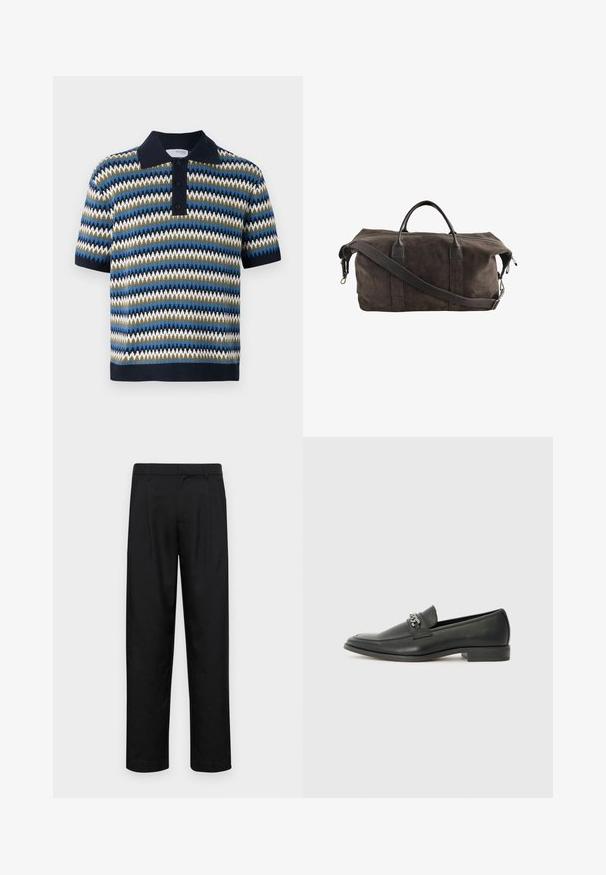 Kortærmet polo shirt med et zigzag-mønster i blå, grøn og hvid. Har en marineblå krave og tre-knaps placket. Strikket tekstur.; Sorte bukser lavet af glat stof, med et lige ben-design, to frontfolder og en standard talje med bæltestropper.; Sorte læder loafers med en glat finish, der har et syet design og et dekorativt metal kædeaccent hen over vamps. Flad hæl.; Mørkebrun ruskinds weekendtaske med læderhåndtag og en justerbar skulderrem, som har en top lynlås lukning.