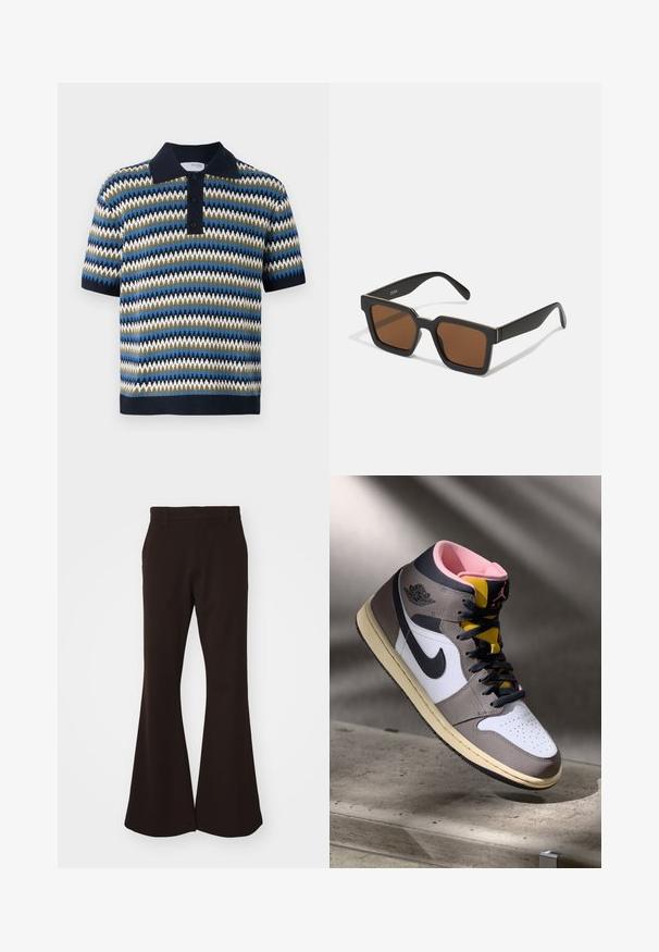 Īsa piedurkņu polo krekls ar zigzaga rakstu zilā, zaļā un baltā krāsā. Ar tumši zilu apkakli un trīs pogu aizdari. Adīts faktūrs.; Brūni platīni bikses, izgatavotas no gluda auduma, ar jostu, kas aprīkota ar jostas cilpām, sānu kabatām un plašu kāju atvērumu.; Augstās Nike Air Jordan kedas baltā, pelēkā un melnā krāsā ar rozā iekšpusi un dzelteno mēli, novietotas uz betona virsmas.; Melni kvadrātveida saulesbrilles ar brūniem lēcām, ar matētu apdari un zelta akcentiem uz rāmja. Dizains ir leņķisks ar plats rokām.; Casio taisnstūra pulkstenis ar baltu seju, zelta akcentiem, romiešu cipariem un brūnu krokodilu rakstu ādas siksnu. Ūdensizturīga konstrukcija.