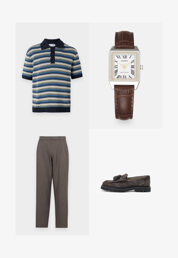Koszulka polo z krótkim rękawem w zygzakowaty wzór w kolorze niebieskim, zielonym i białym. Ma granatowy kołnierzyk i zapięcie na trzy guziki. Tekstura dzianinowa.; Jack & Jones JPSTBILL JJDAYTONA kamień; Ciemnoszare zamszowe mokasyny z ozdobnym frędzlem z przodu, płaską gumową podeszwą oraz kontrastującymi detalami wzdłuż krawędzi.; Zegarek prostokątny Casio z białą tarczą, złotymi akcentami, cyferblatem z cyframi rzymskimi oraz brązowym skórzanym paskiem ze wzorem krokodyla. Wodoodporny design.; Srebrne kolczyki w formie kółek z dużymi, okrągłymi, białymi perłami. Projekt charakteryzuje się gładką teksturą i pewnym zapięciem do mocowania.