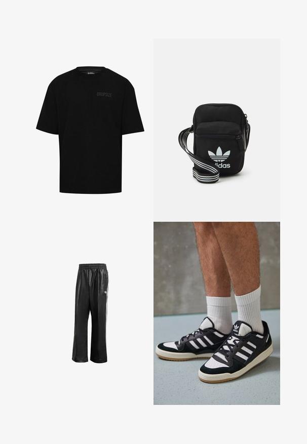 Black cotton t-shirt with short sleeves, round neckline, and subtle "DROPSIZE" logo on the left chest. Standard fit.; Black synthetic track pants with an elastic waistband, featuring white side stripes and a small white logo on the left hip.; Black and white sneakers with a suede and leather upper, featuring three white stripes, a perforated toe, and a gum rubber sole.; Black fabric crossbody bag with a zipper closure, featuring a white Adidas logo and a striped adjustable strap for easy carrying.