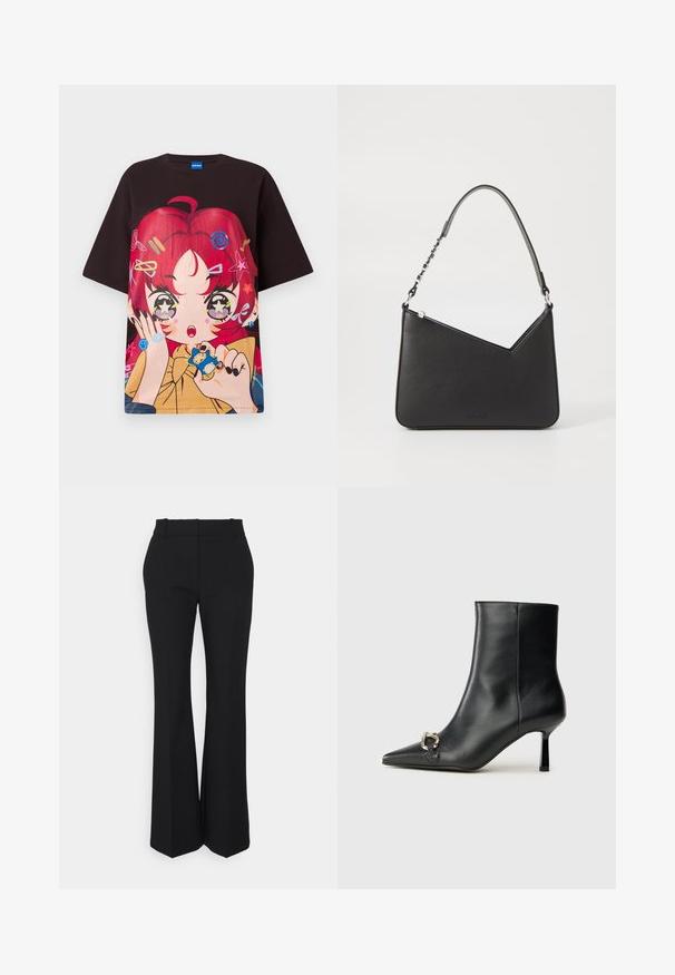 Sort oversized t-shirt med et levende grafisk motiv af en karakter med rødt hår, stjerner og farverige accessories. Korte ærmer, rund hals.; Sorte plisserede bukser med et lige ben-design, lavet af et glat stof. Har en høj talje og usynlige sidelommer.; Sort læder ankelstøvle med spidse tæer, slank hæl i mellemhøjde og sølvspænde detaljer på siden mod en ensfarvet baggrund.; Sort læderhåndtaske i trekantet form med en slank rem og sølv hardware. Har lynlås-lukning og prægede logo på forsiden.