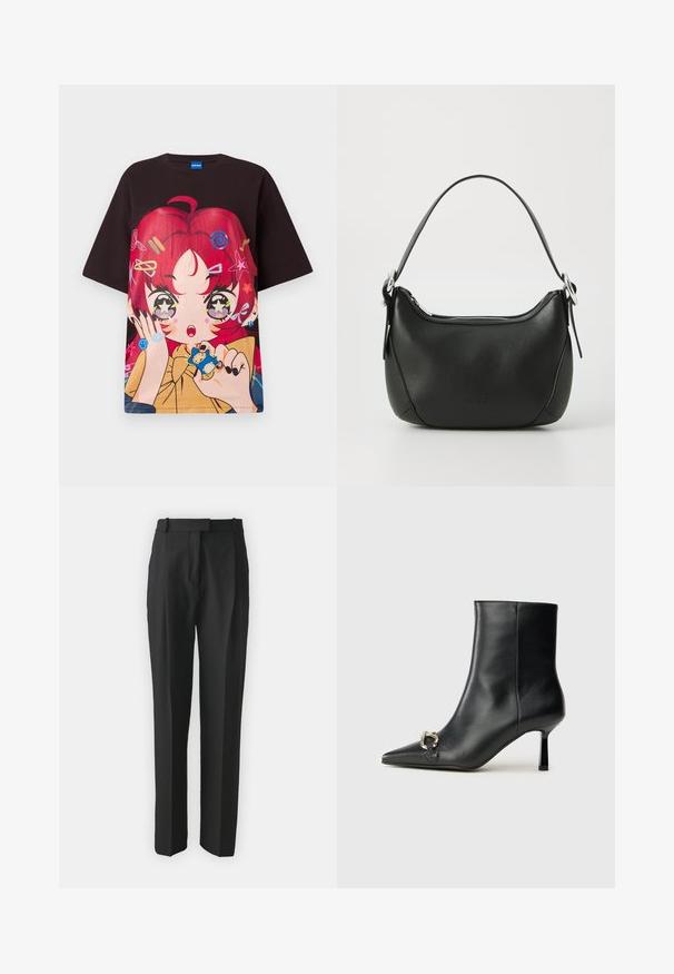 Zwarte oversized t-shirt met een levendige afbeelding van een personage met rood haar, sterren en kleurrijke accessoires. Korte mouwen, ronde hals.; Zwarte op maat gemaakte broek gemaakt van lichtgewicht stof, met een rechte snit, platte voorkant en riemlussen. Glad textuur zonder zichtbare patronen.; Zwarte leren enkelboot met spitse neus, slanke middenhoge hak en zilveren gespdetail aan de zijkant op een effen achtergrond.; Zwarte leren handtas met een gebogen vorm, zilveren rits en een korte handgreep. Bevat een subtiel logo aan de voorkant en een gladde textuur.