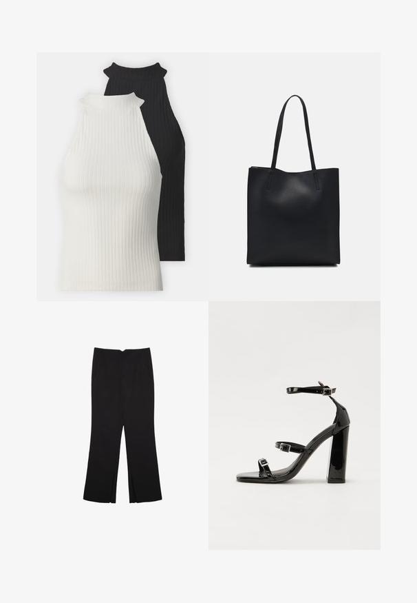 Hladké halterneck topy v čiernej a bielej farbe. Majú vysoké výstrihy a priliehavé strihy. Hladká textúra s kontrastnými farbami a minimálnymi akcentmi.; Čierne nohavice so strihom rovného strihu, s prednými vreckami a bočnými rozparkami na leme. Vyrobené z mäkkej, hladkej tkaniny. Vhodné na rôzne príležitosti.; Čierne lakované sandále na podpätku so štvorcovou špičkou, navlečenými remienkami okolo členku a striebornými prackami. Disponujú masívnym blokovým podpätkom pre stabilitu.; Čierna kožená taška na rameno s hladkým povrchom, obdĺžnikovým tvarom a dvoma dlhými uchami. Bez viditeľného kovania alebo ozdôb.