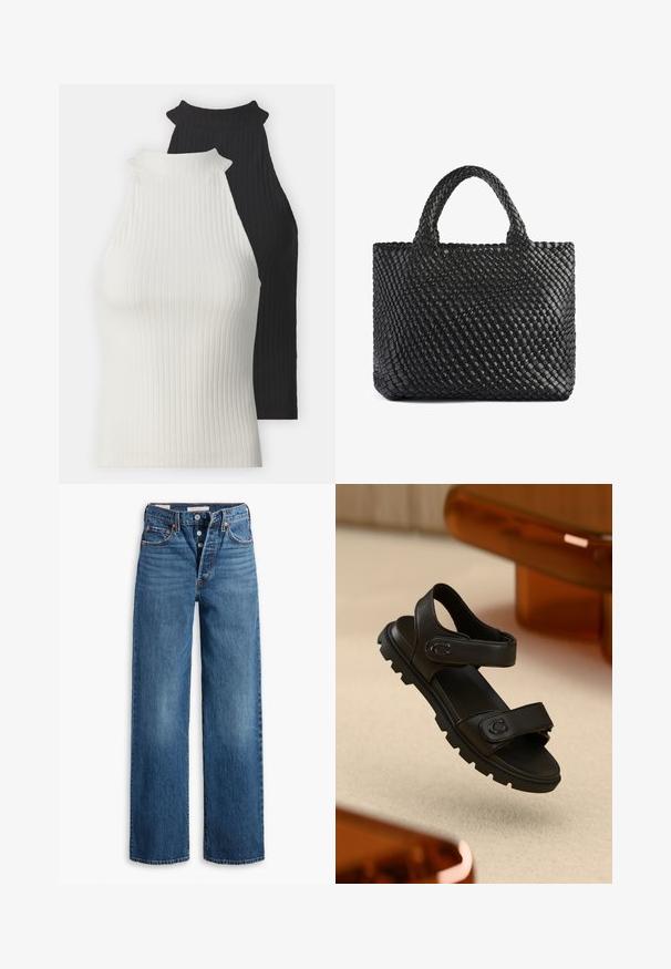 Prążkowane topy na halter w czerni i bieli. Charakteryzują się wysokimi dekoltami oraz dopasowanym krojem. Gładka tekstura z kontrastującymi kolorami i minimalnymi akcentami.; Niebieskie dżinsy o szerokim kroju, pięć kieszeni, zapięcie na guzik oraz kontrastowe przeszycia. Teksturowany materiał o wyblakłym wykończeniu.; Czarne skórzane sandały z dwiema regulowanymi ramiączkami, teksturowaną podeszwą i odważnym, masywnym wzorem. Posiadają akcent logo na ramiączku.; Czarna pleciona torba na ramię z dwoma uchwytami, charakteryzująca się teksturowaną powierzchnią i prostokątnym kształtem. Prosty, unikalny design bez widocznych elementów metalowych.