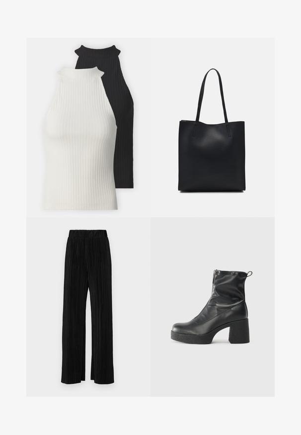 Ribbestrikkede halterneck-topper i sort og hvit. Har høye utringninger og tettsittende fasonger. Glatt tekstur med kontrastfarger og minimale detaljer.; Sorte plisserte bukser med elastisk midje. Har vide ben og et glatt, strukturert stoff med vertikale striper.; Svarte ankelstøvler laget av glatt lær, med glidelås på siden, chunky strukturert hæl, og rund tå-design.; Svart lær tote bag med glatt tekstur, rektangulær form og to lange håndtak. Ingen synlige deler eller dekorasjoner.