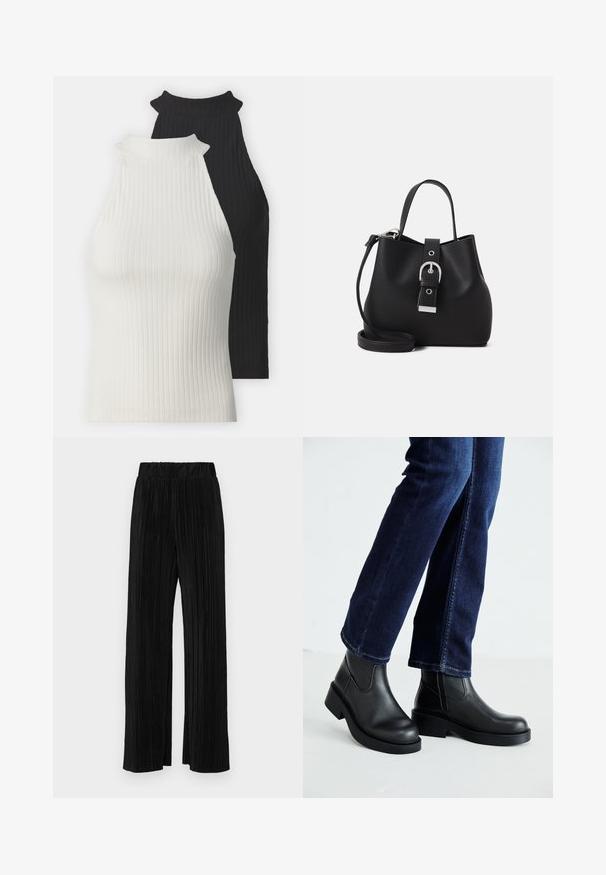 Ribbestrikkede halterneck-topper i sort og hvit. Har høye utringninger og tettsittende fasonger. Glatt tekstur med kontrastfarger og minimale detaljer.; Sorte plisserte bukser med elastisk midje. Har vide ben og et glatt, strukturert stoff med vertikale striper.; Sorte lær ankelsko med en kraftig såle og elastiske paneler på siden, kombinert med mørkeblå jeans. Underlaget er lyst.; Svart bøttehåndveske laget av glatt lær, med en strukturert form, kort håndtak og avtakbar skulderrem. Sølvspenne detaljer.