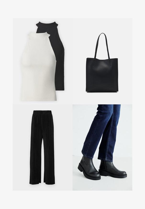 Topuri halter cu nervuri în alb și negru. Au guler înalt și forme ajustate. Textură netedă cu culori contrastante și accente minime.; Pantaloni negri plisati cu talie elastică. Prezintă picioare largi și un material neted, texturat, cu dungi verticale.; Bocanci negri din piele cu tălpi groase și panouri elastice pe laterale, asortați cu blugi de culoare bleumarin. Solul este de culoare deschisă.; Geantă tote neagră din piele, cu textură netedă, formă rectangulară și două mânere lungi. Fără hardware vizibil sau ornamente.