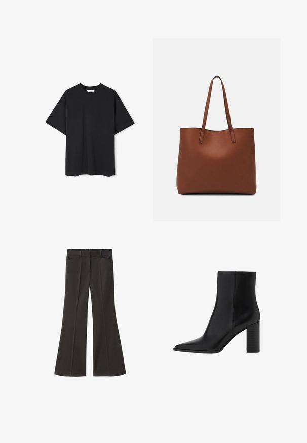 Zwarte katoenen t-shirt met korte mouwen, ronde hals en zijsplitten aan de zoom. Eenvoudig ontwerp, geen zichtbare patronen of versieringen.; Zwarte flared broek met een hoge taille; beschikt over twee voorkeurszakken en een gladde stoftextuur. Geschikt voor verschillende gelegenheden.; Zwarte leren enkellaars met een spitse neus, vierkante hak, een gladde textuur en stikdetails langs de naden. De hakken zijn ongeveer 8,9 cm hoog.; Bruine leren tote bag met een gladde textuur, een ontwerp met een open bovenkant en twee schouderbanden. Kenmerkt zich door minimale stiksels en geen zichtbare hardware.