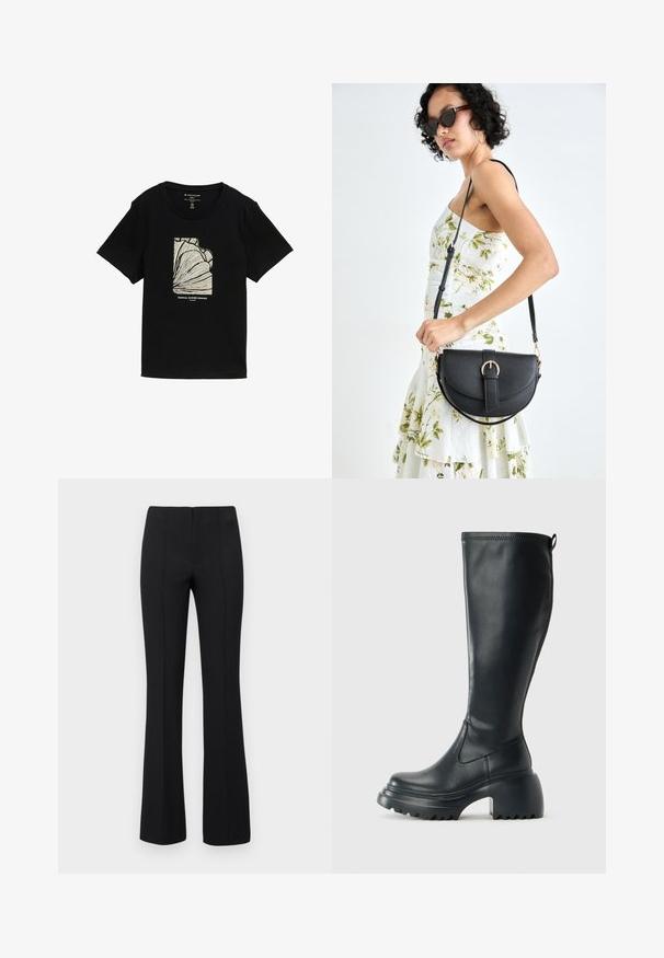 Fekete, rövid ujjú póló, krémszínű grafikával, vonalas művészettel, alatta a "TRÓPUSI NYÁRI PARADICSOM" felirattal.; Fekete, bővülő szárú nadrág, bordázott textúrával és testhezálló derékkal. A dizájn függőleges varratokat tartalmaz, amelyek karcsúsított megjelenést kölcsönöznek. Nincs látható fémrész.; Magas fekete bőrcipő, vastag platform talppal és blokk sarokkal, húzófüllel és texturált profillal az outsole-on.; Fekete bőrtáska ívelt formával, levehető pánttal és arany színű fémrészekkel. A táskán egy csattal díszített fedél található.