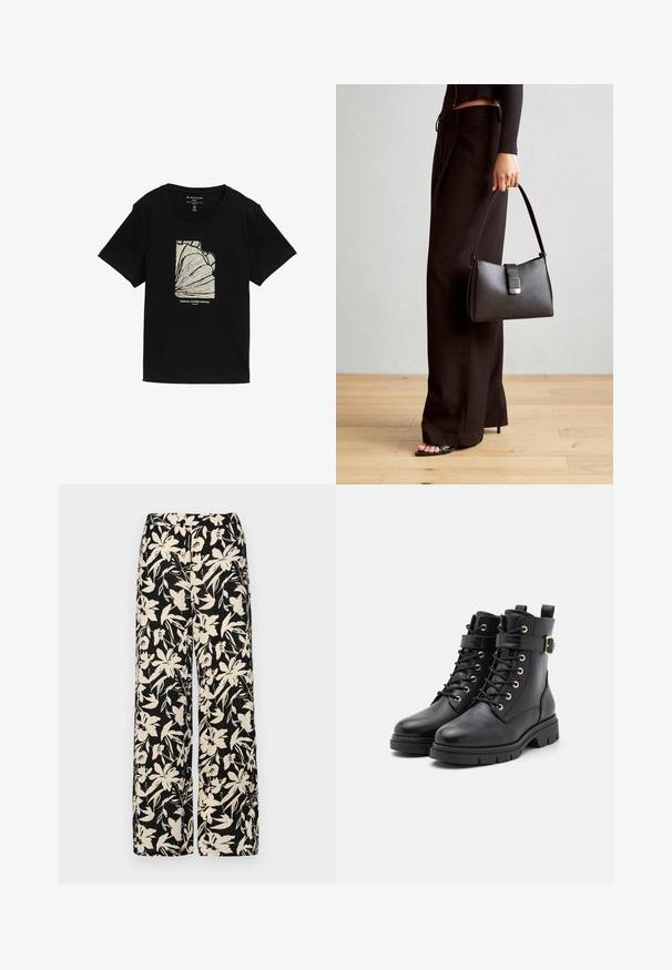 Čierne tričko s krátkym rukávom s krémovou grafikou znázorňujúcou liniovú kresbu a textom "TROPICKÝ LETNÝ RÁJ" nižšie.; Čierne nohavice s širokými nohavicami a krémovým kvetinovým vzorom. Vyrobené z ľahkej látky, s hladkou textúrou a vysokým pásom.; Čierne kožené členkové čižmy s okrúhlou špičkou, šnurovací dizajn, zlaté očká, pracka a masívna, štruktúrovaná podrážka.; Čierna kabelka so štruktúrovaným tvarom, hladkou textúrou a kovovou sponou. V kombinácii so širokými čiernymi nohavicami a sandálmi s otvorenou špičkou na drevenej podlahe.