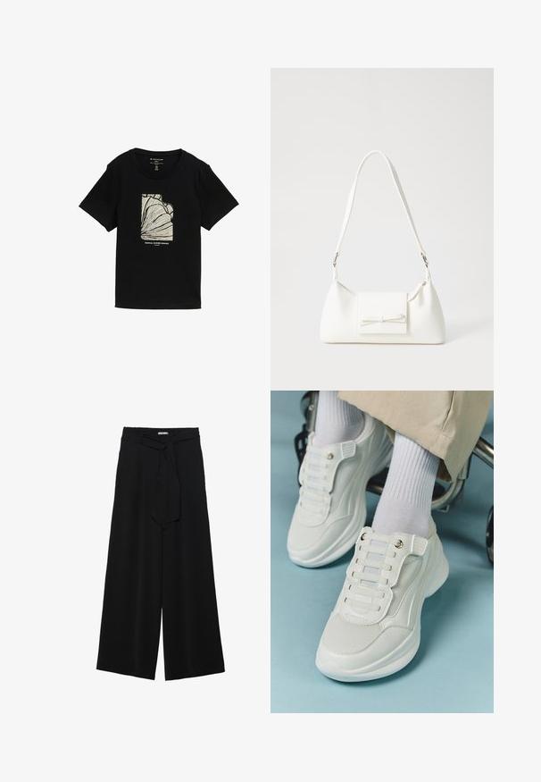 Crna majica s kratkim rukavima s kremastim grafičkim dizajnom koji sadrži linijski crtež i natpis "TROPICAL SUMMER PARADISE" ispod.; Crne široke hlače od teksturirane tkanine, s elastičnom pojasom i odvojivim remenom na struku za prilagodivo pristajanje.; Bijele tenisice s mrežastim materijalom, gumeni potplat, dizajn bez vezica s elastičnim trakama i zlatnim detaljima.; Bijela sintetička torbica s trokutastim oblikom, ravnim prednjim poklopcem i detaljem u obliku mašne, podesivom remenom, glatkom teksturom i minimalističkim dizajnom.