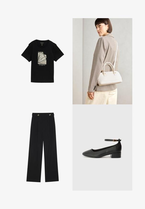 Tricou negru cu mânecă scurtă, având un grafic de culoare crem cu artă în linii și textul "PARADIS TROPICAL DE VARĂ" dedesubt.; Pantaloni negri cu picioare largi, talie înaltă, detalii cu butoane pe talie și pliseuri în față.; Pantof cu toc negru din piele, cu vârf ascuțit și toc mic pătrat. Dispune de o curea la gleznă cu o cataramă în tonuri de aur. Textură netedă.; Geantă structurată albă, cu mânere scurte și curea de umăr, având accente din metal aurit și material texturat, expusă pe un fundal gri.