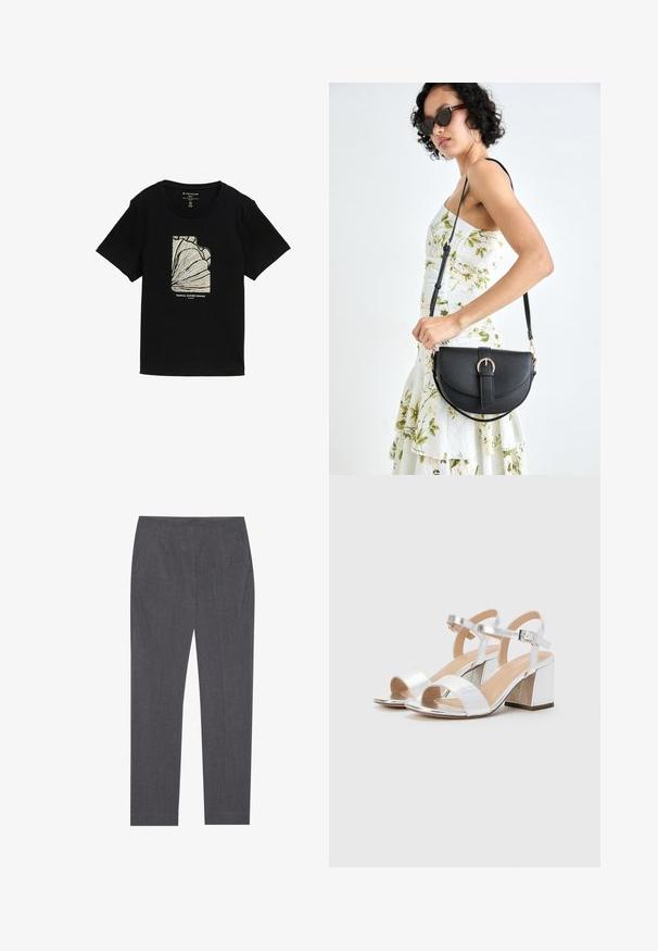 Svart t-shirt med kort ärm som har en krämfärgad grafik med linjeteckning och texten "TROPICAL SUMMER PARADISE" nedanför.; Grå skräddarsydda byxor i en texturerad tygkvalitet, med sidofickor och rak bendesign samt en slät midja.; Silverfärgade högklackade sandaler med öppen tå, med två breda remmar och en rund blockklack. Slät textur med metallisk finish.; Svart läderhandväska med en böjd form, avtagbar rem och guldiga detaljer. Väskan har ett lock med en spänndetalj.