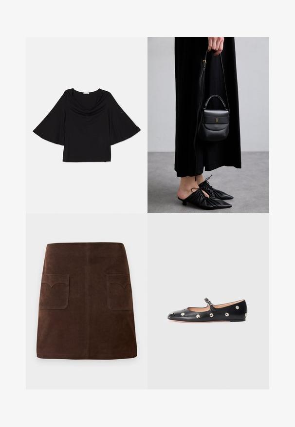 Zwarte top met brede, vloeiende mouwen. Heeft een colhals en een ontspannen pasvorm. Gemaakt van zachte, lichte stof. Geen patronen of accenten.; Bruin suède rok met een klassieke A-lijn vorm, twee voorzakken met ronde kleppen en subtiele stikdetails.; Zwarte leren Mary Jane ballerina met een ronde neus, voorzien van zilveren ronde studs en een verstelbaar bandje met een gesp.; Kleine zwarte leren handtas met een ronde vorm, bovenhandvat en verwijderbare schouderband. Draagt bij een zwart stoffen jurk en zwarte geplooide schoenen.
