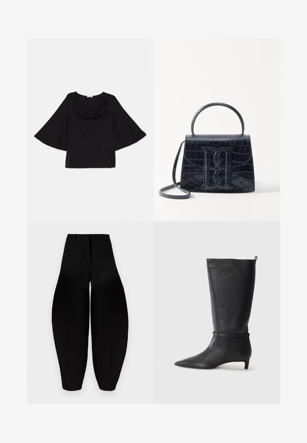 Črna majica z širokimi, prosto padajočimi rokavi. Ima širok izrez in sproščen kroj. Narejena je iz mehkega, lahkotnega materiala. Brez vzorcev ali dodatkov.; Črne hlače širokega kroja z visokim pasom, nagubanimi sprednjimi deli in zoženimi gležnji. Narejene iz gladkega materiala z mat površino.; Črne usnjene visokokakovostne škornje do kolen s koničastim nosom, okrašene s krožno zanko okoli gležnja in nizko, oblikovano peto. Gladka tekstura.; Črna ročno vsebovana torbica iz usnja z reliéfom krokodila, z oblikovanim dizajnom, zgornjo ročajem, prilagodljivo zanko in izstopajočim logotipom spredaj.