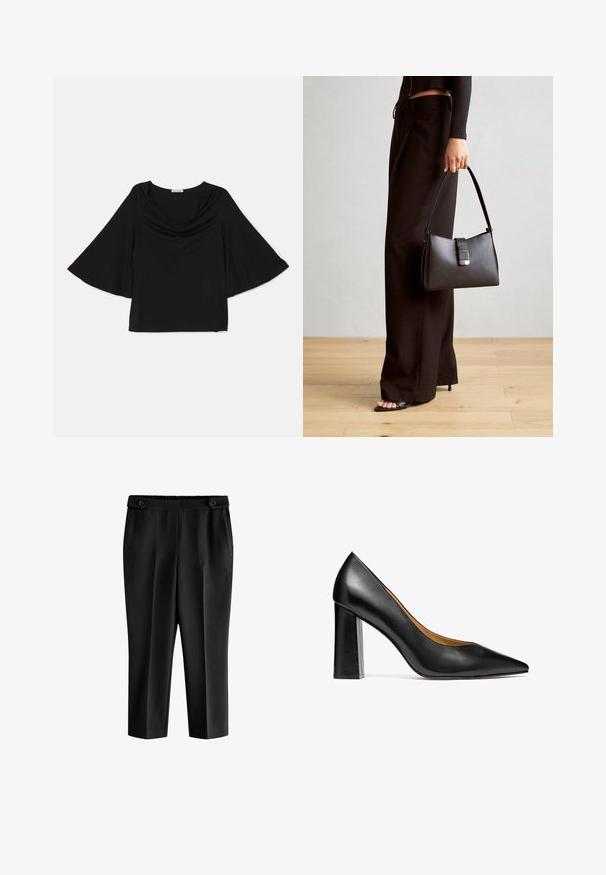 Melnā augšdaļa ar platām, plūstošām piedurknēm. Aprīkota ar apvērtu kaklu un brīvu piegriezumu. Izgatavota no mīksta, viegla auduma. Bez rakstiem vai akcentiem.; Melnas īsās bikses ar brīvu piegriezumu, elastīgu jostu un divām priekšējām kabatām. Audumam ir gluda tekstūra ar vieglu spīdumu.; Kazar BLUEBELL - Augsti papēži - black; Melnā somiņa ar strukturētu formu, gludu tekstūru un metālu sprādzi. Saskaņota ar platām melnām biksēm un sandālēm ar atvērtu purngalu uz koka grīdas.