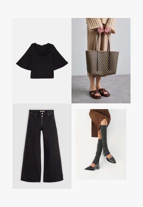 Črna majica z širokimi, prosto padajočimi rokavi. Ima širok izrez in sproščen kroj. Narejena je iz mehkega, lahkotnega materiala. Brez vzorcev ali dodatkov.; Široke traperice iz črnega denima z zadrgo spredaj, petimi žepi in diskretnimi šivi. Gladka tekstura in ležeren slog.; Črne lakirane čevlje s pointy prsti in blok peto ter z naramnicami za gleženj, ki jih kombiniramo s sivimi rebrastimi nogavicami in rjavim suknjičem iz usnja.; Rjava potiskana torba z črnimi ročaji, izdelana iz trpežnega materiala. Oblečena z bež pletenim puloverjem in zaponkastimi rjavimi sandali.