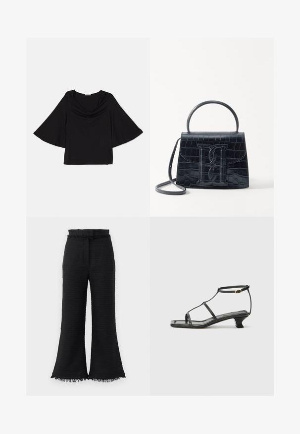 Crna bluzica s širokim, lepršavim rukavima. Ima široki ovratnik i ležeran kroj. Izrađena je od mekog, laganog materijala. Bez uzoraka ili ukrasa.; Crne široke hlače s teksturiranom tkaninom, nazubljenim rubom i elastičnom strukom. Dizajn se odlikuje glatkom završnicom i opuštenim krojem.; Crne kožne sandale sa kvadratnim vrhom, tankim trakama, podesivom trakicom oko gležnja i niskom petom. Imaju mali zlatni detalj na traci.; Crna torba od krokodilne kože s uzorkom, strukturiranog dizajna, gornjom ručkom, podesivom trakom i istaknutim logotipom sprijeda.