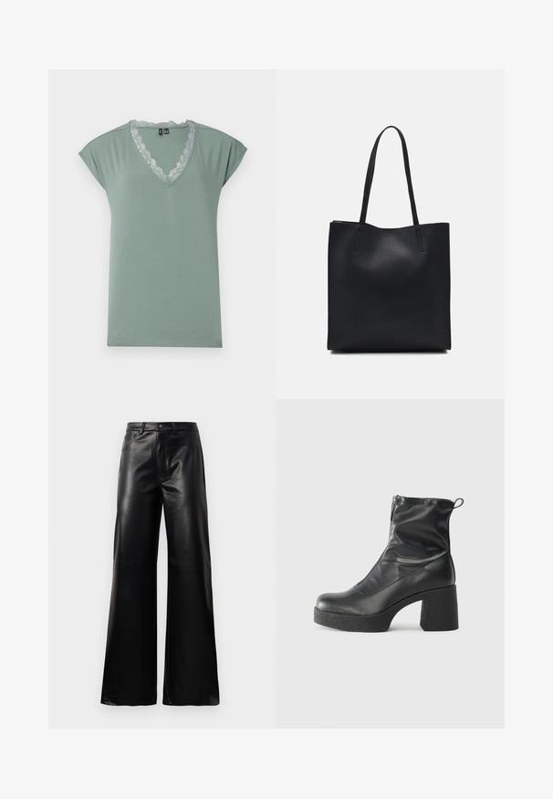 T-shirt verde chiaro a V in morbido tessuto con rifiniture in pizzo lungo il collo, presenta maniche corte a sbuffo e una vestibilità comoda.; Pantaloni ampi a vita alta in ecopelle neri con bottone frontale, chiusura con zip, passanti per cintura e tasche laterali su sfondo bianco.; Stivali neri alla caviglia in pelle liscia, con zip laterale, tacco spesso e texture, e punta arrotondata.; Borsa tote in pelle nera con texture liscia, forma rettangolare e due manici lunghi. Nessun hardware o decorazione visibile.