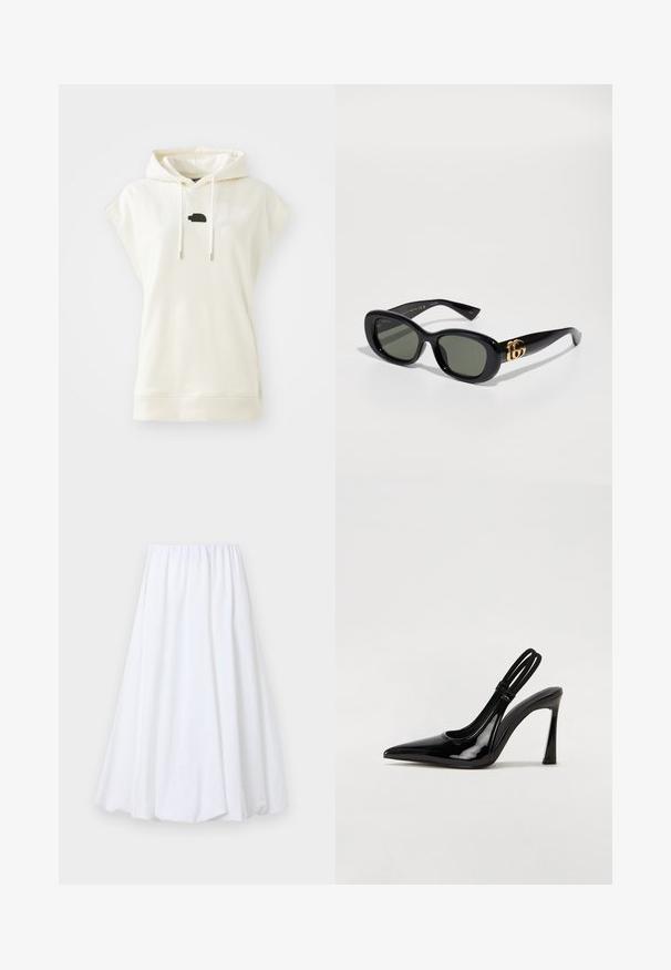Hooded sleeveless top in cream, made of soft cotton-blend fabric. Features a front pocket and a small black logo patch on the chest.; White ankle-length skirt featuring an elastic waistband, made from lightweight fabric with a smooth texture and a flowy silhouette.; Black patent leather slingback pump with pointed toe, slender high heel, and dual elastic strap for secure fit. Smooth, shiny surface.; Black plastic sunglasses with green lenses, featuring an oval shape and gold logo detail on the temples. Smooth texture and shiny finish.