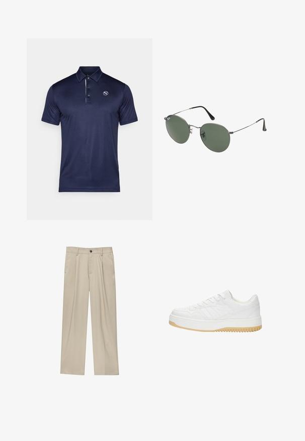 Polo shirt blu navy realizzato in tessuto liscio e traspirante, dotato di una patta con tre bottoni e un logo sul lato sinistro del petto. Maniche corte.; Pantaloni beige a taglio dritto, con un solo bottone nero, passanti per la cintura e tasche laterali. Tessuto dalla texture liscia e design minimale.; Sneaker bianco in pelle con finitura testurizzata, dotata di suola in gomma, design con lacci e sottili accenti a strisce sui lati.; Occhiali da sole con montatura in metallo e lenti verdi ovali. Montatura sottile in metallo argento e terminali neri. Design minimalista, senza loghi visibili.