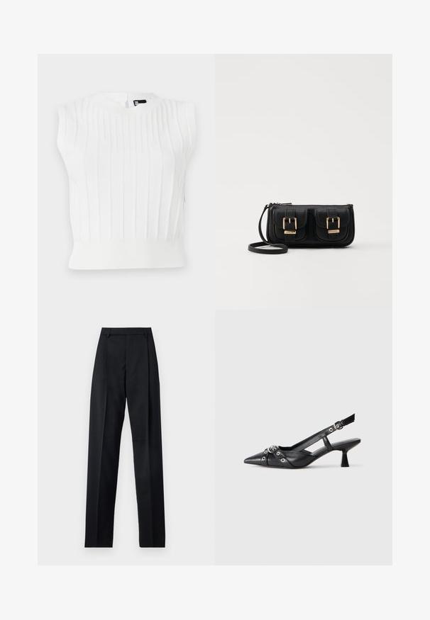 Top alb din tricot fără mâneci, cu textură ribbed verticală, decolteu rotund și tiv ajustat. Include un mic detaliu de închidere la spate.; Pantaloni negri dintr-un material neted, cu talie înaltă, picioare largi, pliuri frontale și loop-uri clasice pentru curea. Fără buzunare laterale vizibile.; Pantofii slingback din piele neagră, cu vârful ascuțit, curele decorative cu ochiuri din metal și toc bloc mic. Suprafață texturată.; Geantă neagră din piele, tip crossbody, cu două buzunare frontale, catarame aurii, închidere cu fermoar și o curea subțire. Suprafață texturată și formă rectangulară compactă.