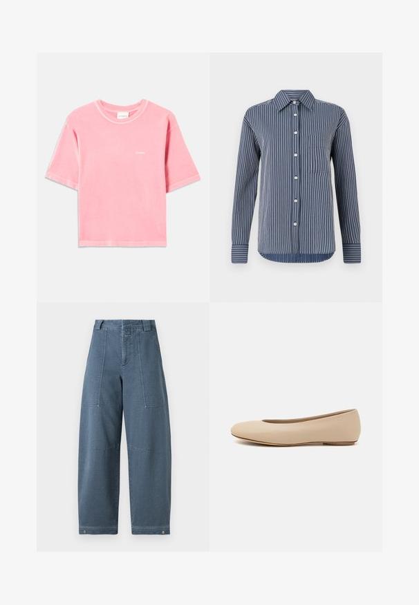 T-shirt di cotone rosa chiaro a maniche corte con collo rotondo e piccolo logo bianco "CLOSED" sul lato sinistro del petto.; Camicia abbottonata a righe navy e bianche, maniche lunghe, con taschino sul petto e colletto classico, realizzata in tessuto leggero.; Pantaloni in denim a gamba larga di una tonalità blu chiaro, con superficie testurizzata, due tasche frontali e cuciture resistenti all'orlo.; Ballerine in pelle beige con punta arrotondata, dettagli di cucitura minimi, tacco basso e logo discreto sul retro. Texture liscia e opaca.