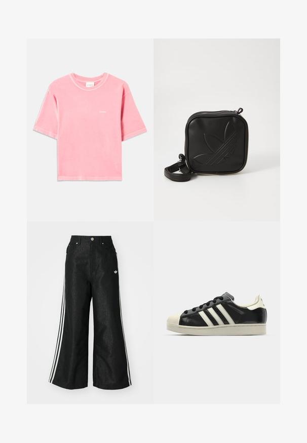 Měkké růžové tričko s krátkým rukávem vyrobené z bavlny, s kulatým výstřihem a malým bílým logem "CLOSED" na levé části hrudi.; Černé široké džíny s třemi bílými pruhy po stranách a malým bílým logem. Obsahují přední kapsy a zapínání na knoflík.; Černé kožené sneakers s bílými pruhy, gumovou špičkou, černými tkaničkami a krémovou podešví. Hladký povrch s lesklým finišem.; Černá crossbody taška vyrobená z texturovaného syntetického materiálu. Obsahuje embosované logo a nastavitelné popruhy. Zapínání na zip.
