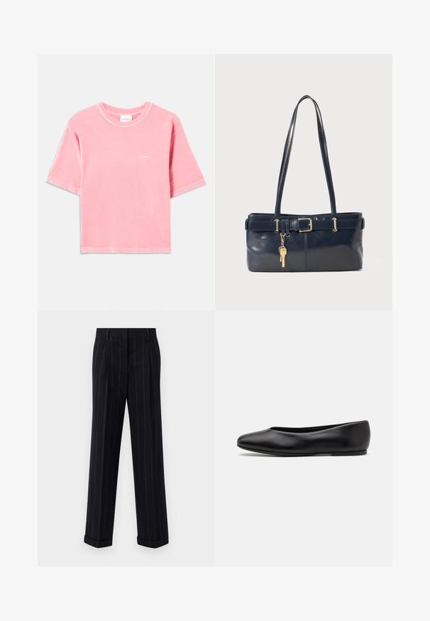 Soft pink short-sleeve cotton T-shirt with a crew neck and small white "CLOSED" logo on the left chest.; Black pinstriped trousers with a tailored fit, featuring a cuffed hem and front pleats. Made of smooth fabric with a structured design.; Paul Smith TOPANGA - Ballet pumps - black; Navy leather handbag with two long handles, a buckle detail, and a keychain attached. Features a smooth texture and a rectangular shape.