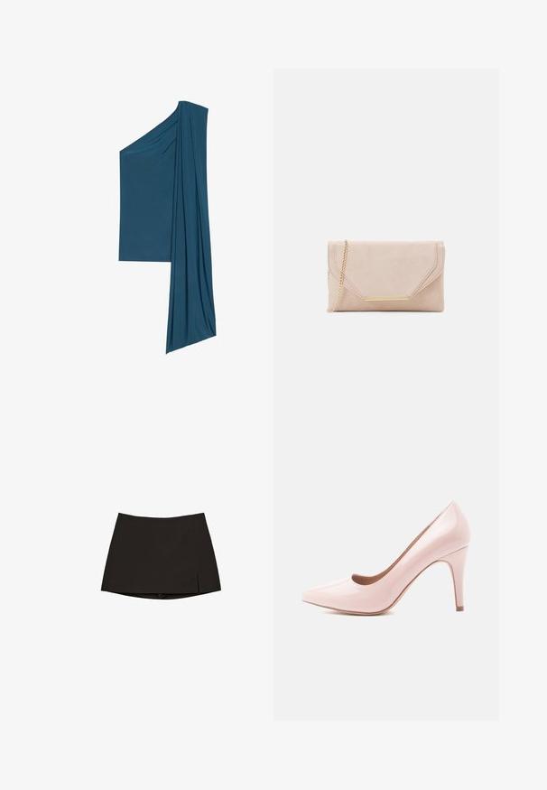 Asymetrický teal top vyrobený z mäkkej, ľahkej tkaniny. Prevažne drapovaný detail na jednej strane a rovný lem na druhej.; Čierna mini sukňa so strihom do rovna a miernym bočným roz裂aním. Vyrobená z hladkej textílie, so čistým lemom a minimalistickým dizajnom.; Ružové lakované lodičky na vysokom podpätku s špicatou špičkou a elegantným siluetom, ktoré majú 10-centimetrový stiletto podpätok a hladký povrch.; Béžová zamková kabelka so zlatým reťazovým ramienkom a obdĺžnikovým kovovým detailom. Obsahuje preklápaciu chlopňu s ostrými hranami a prešívaním.